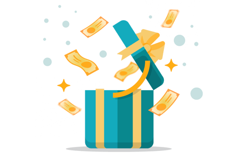 Illustrated image of a Holidays Gift Box open with money floating out 