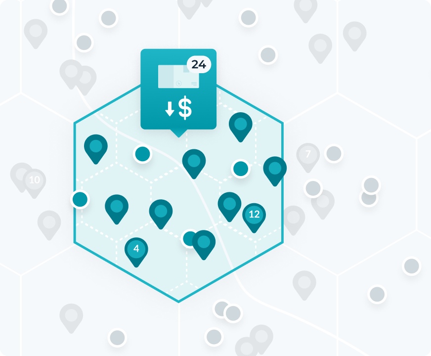 Map with hexagonal grid showing delivery pins and driver locations