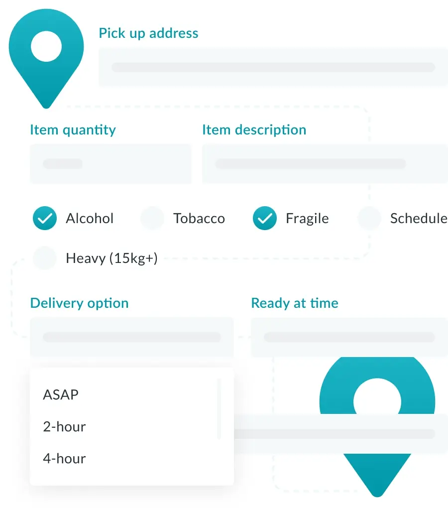 Sherpa platform new delivery form with drop-down showing ASAP, 2-hour and 4-hour delivery options