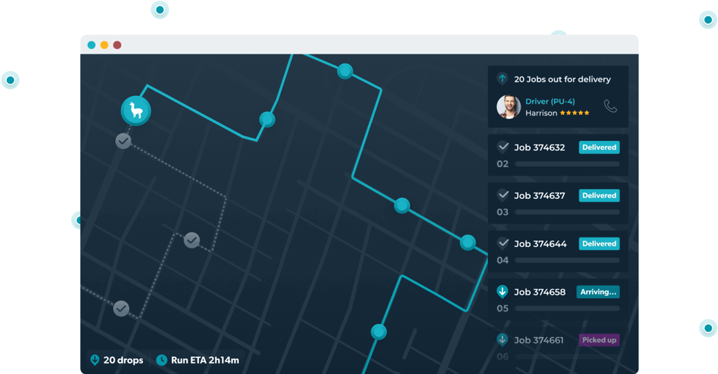 Browser with routed stops for a driver run showing completed deliveries